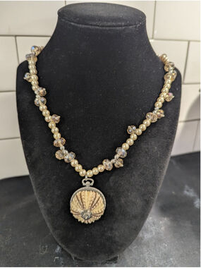 Vintage Coastal Sea Urchin Shell Pendant Necklace Faux Pearls Crystal Beads...